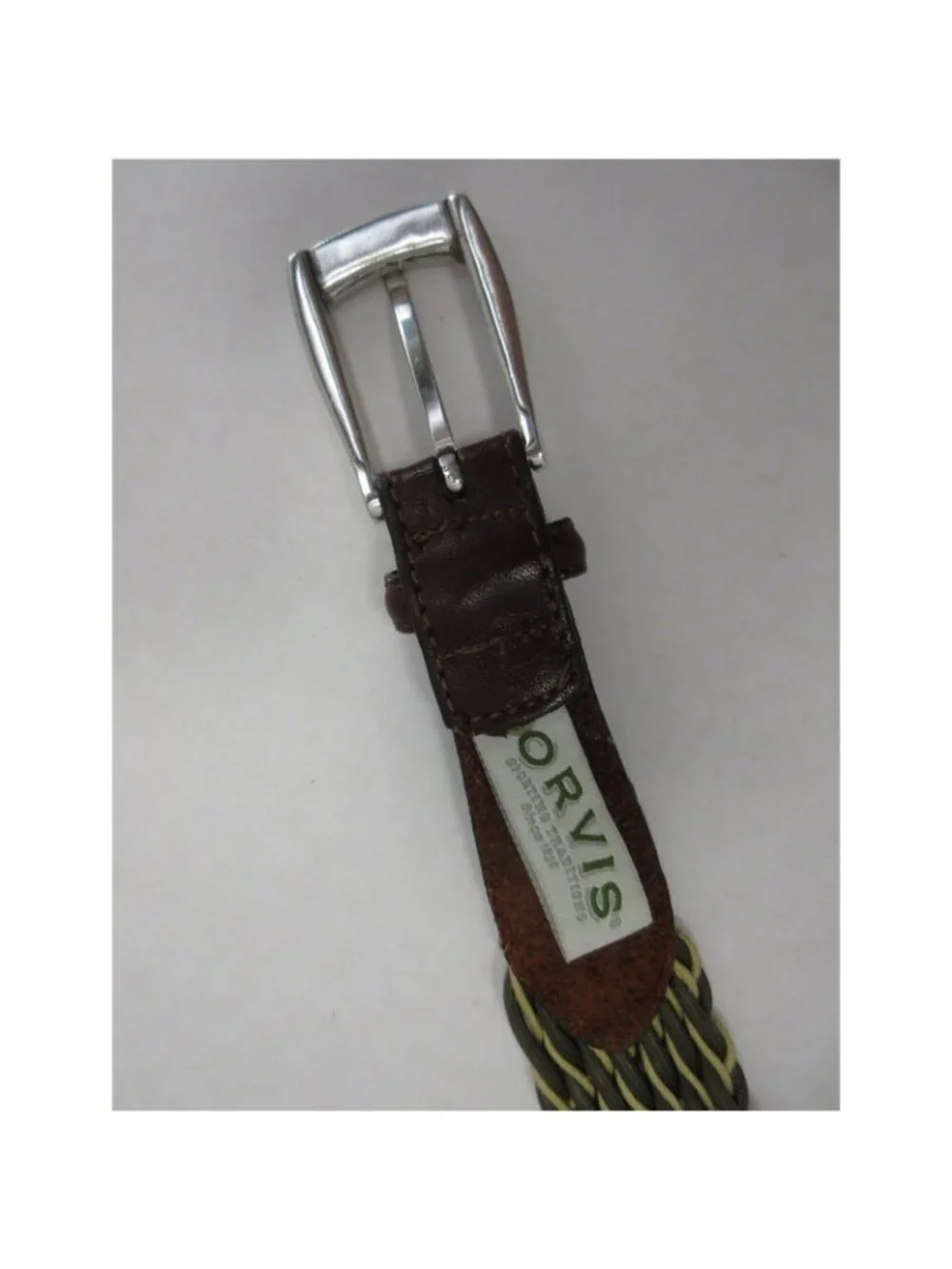Orvis Belt 44 Olive Leather Braided Woven Silver Buckle Made In USA